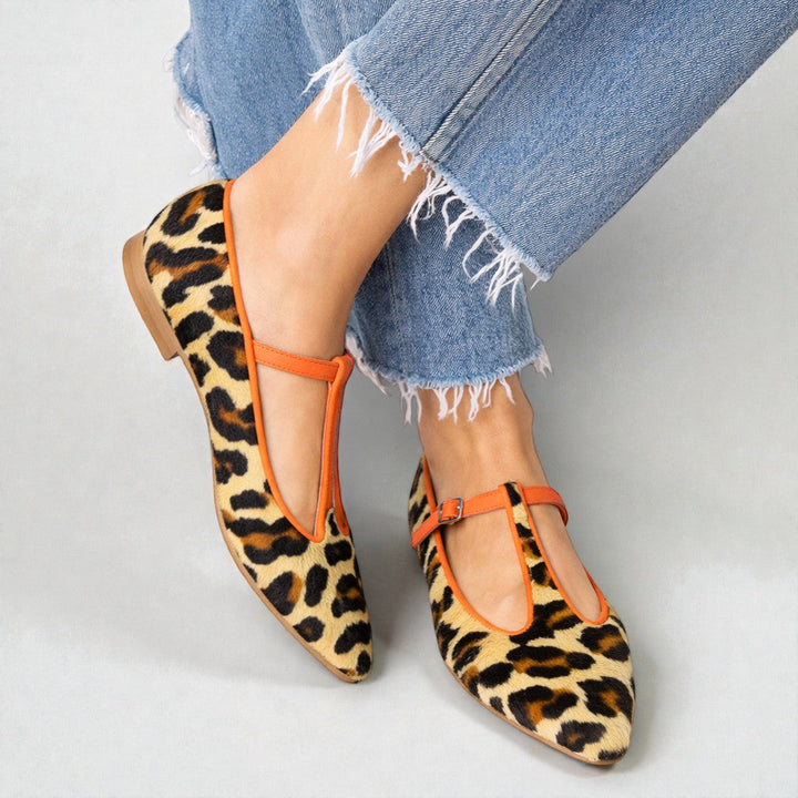 Lulu Leopard T-Strap Flats — back view