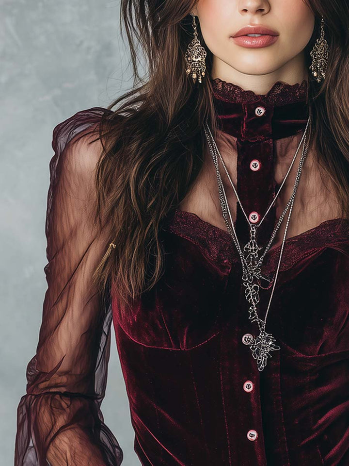 Velvet blouse sheer sleeve detail view