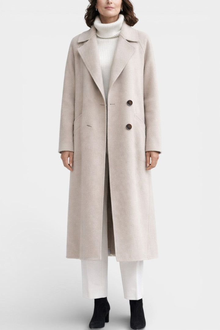 Clara long structured wool coat front view model