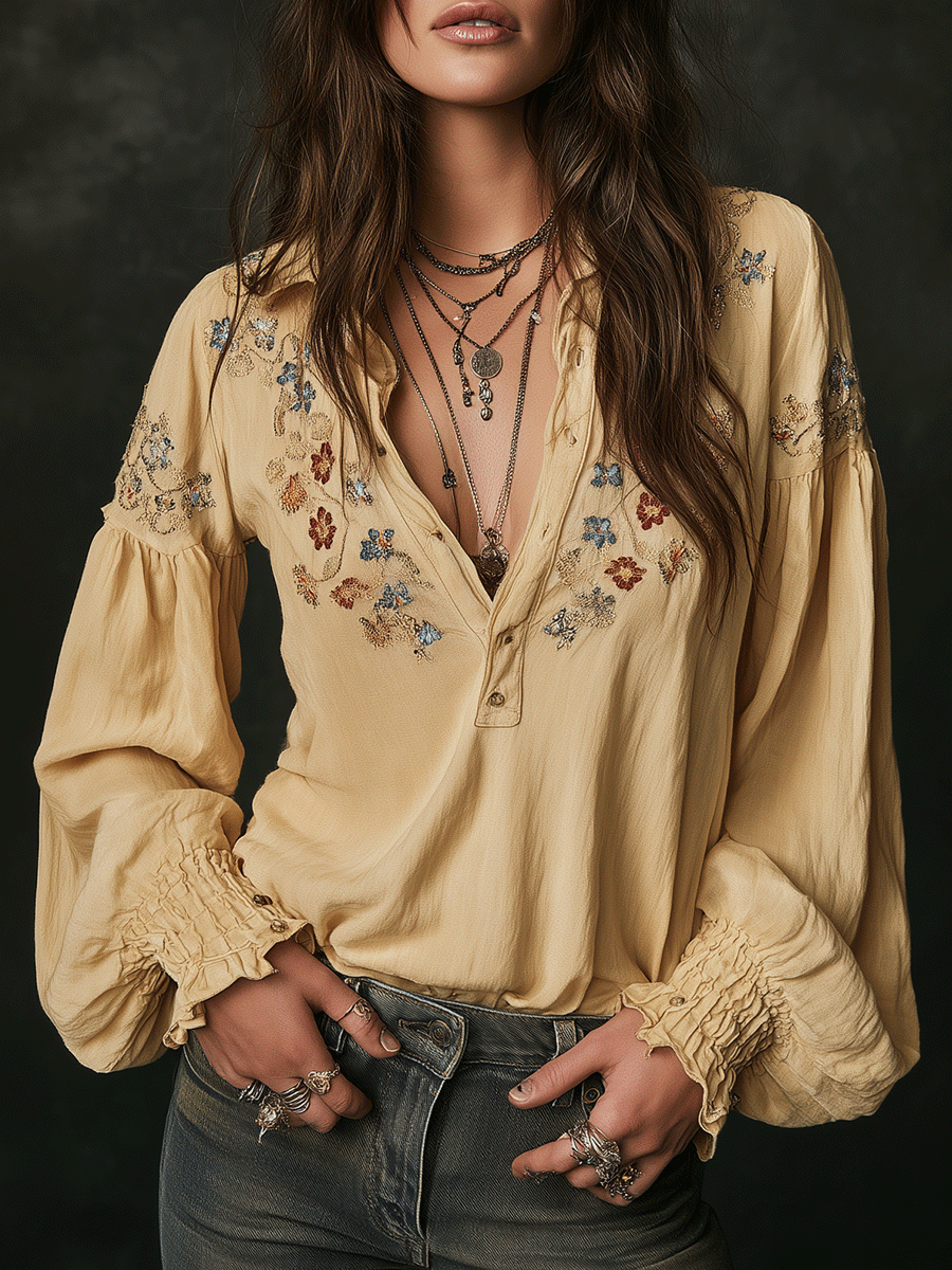Casual yellow floral embroidered cotton shirt front view