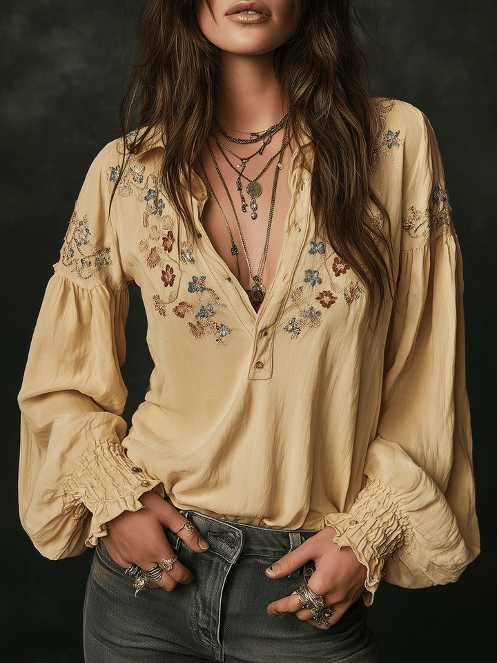Casual yellow floral embroidered cotton shirt front view