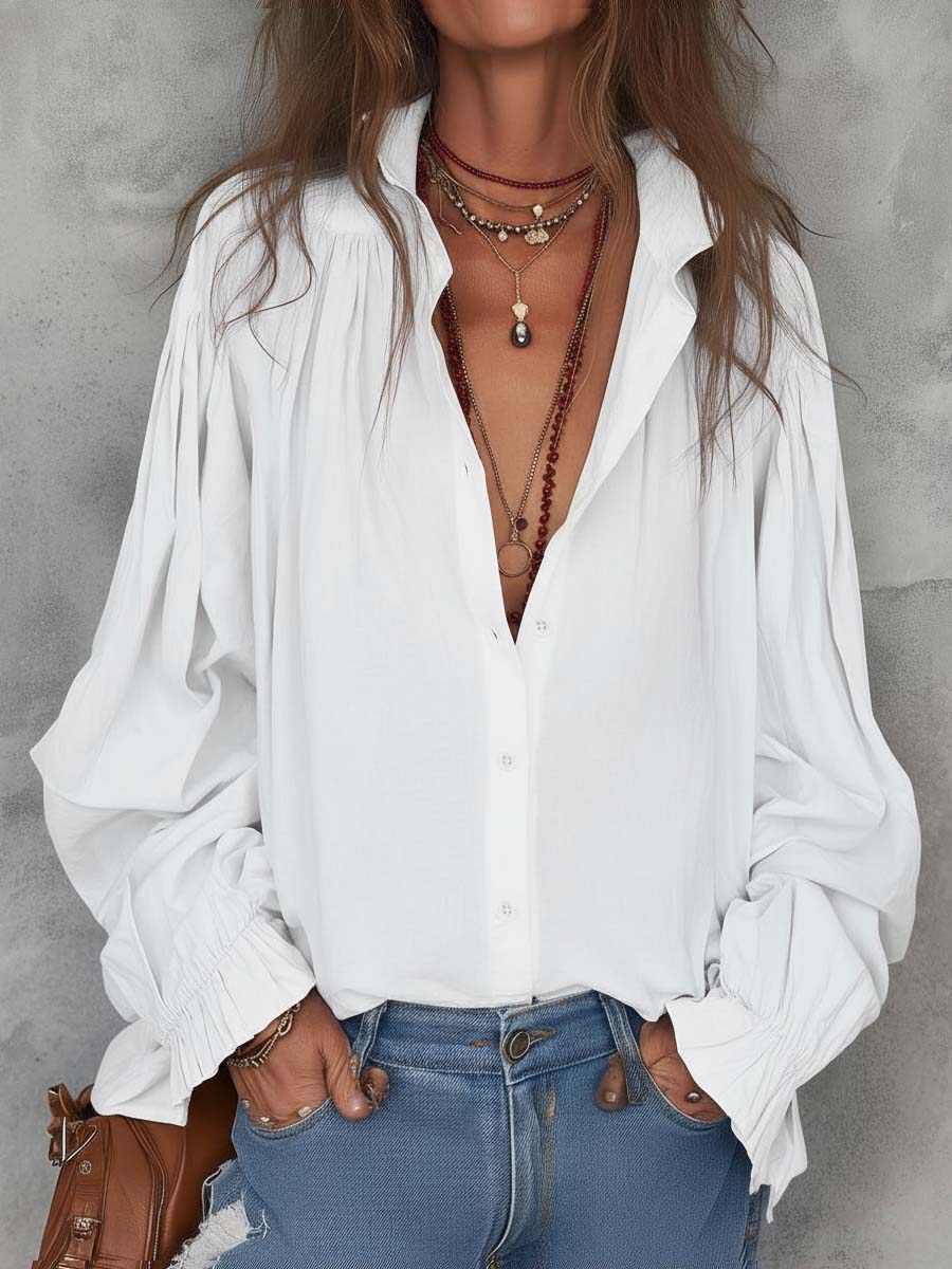 Retro pleated shoulder ruffle cuffs blouse front view