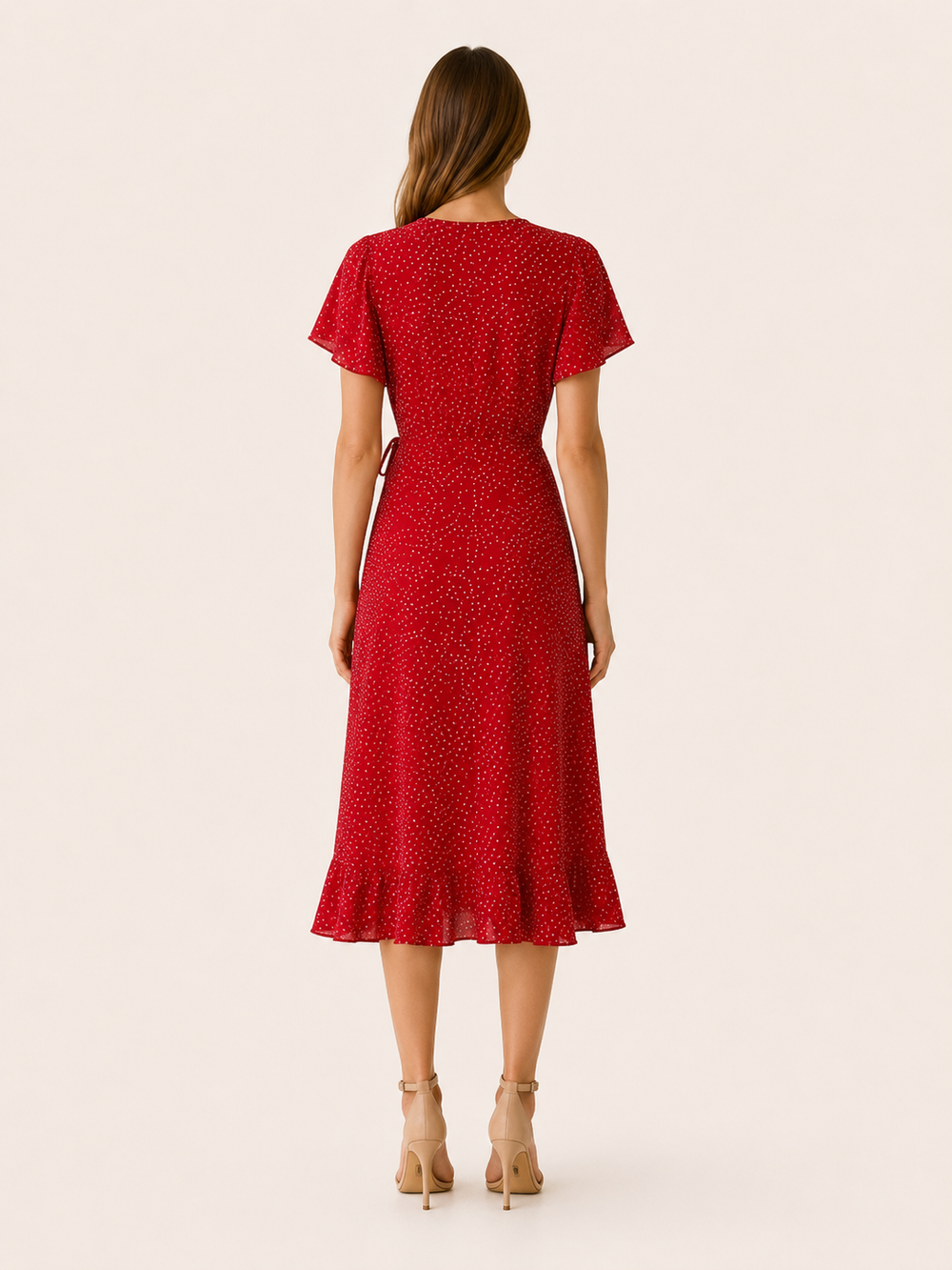 Red Polka Dot Wrap Dress with Ruffle Trim – side view