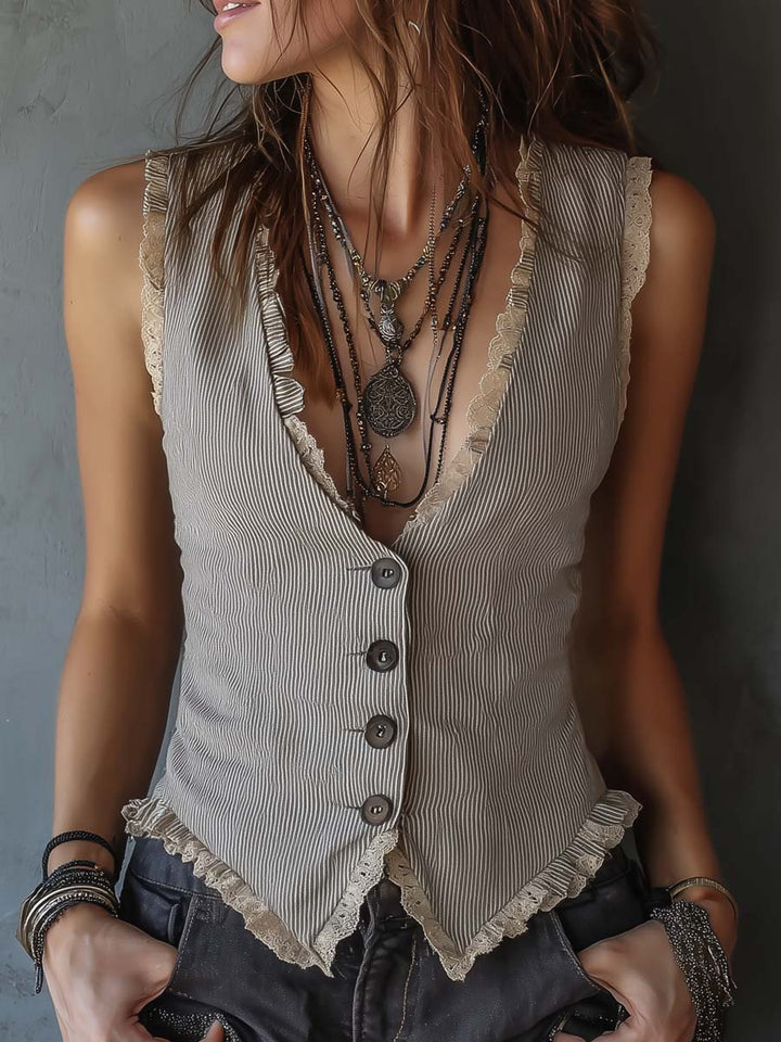 Vintage lace trim striped vest front view