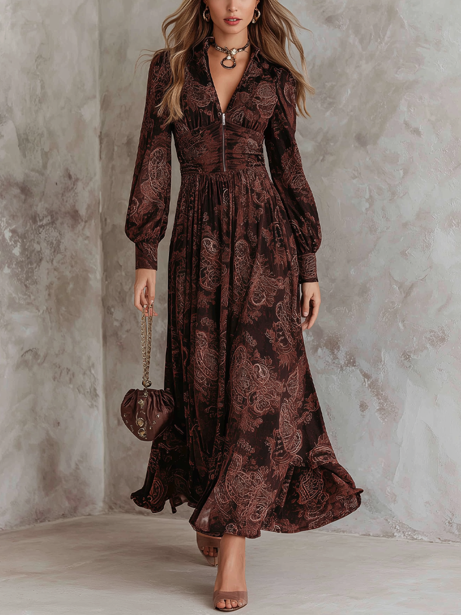 Paisley print zipper neck long sleeve midi dress front view