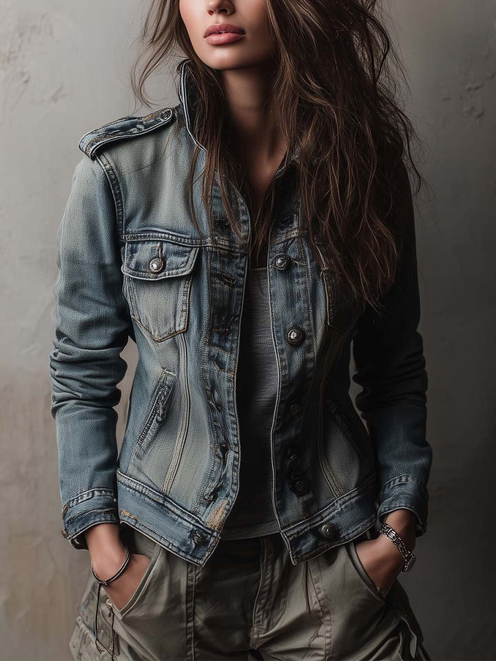 Washed faded utility denim jacket epaulettes front view