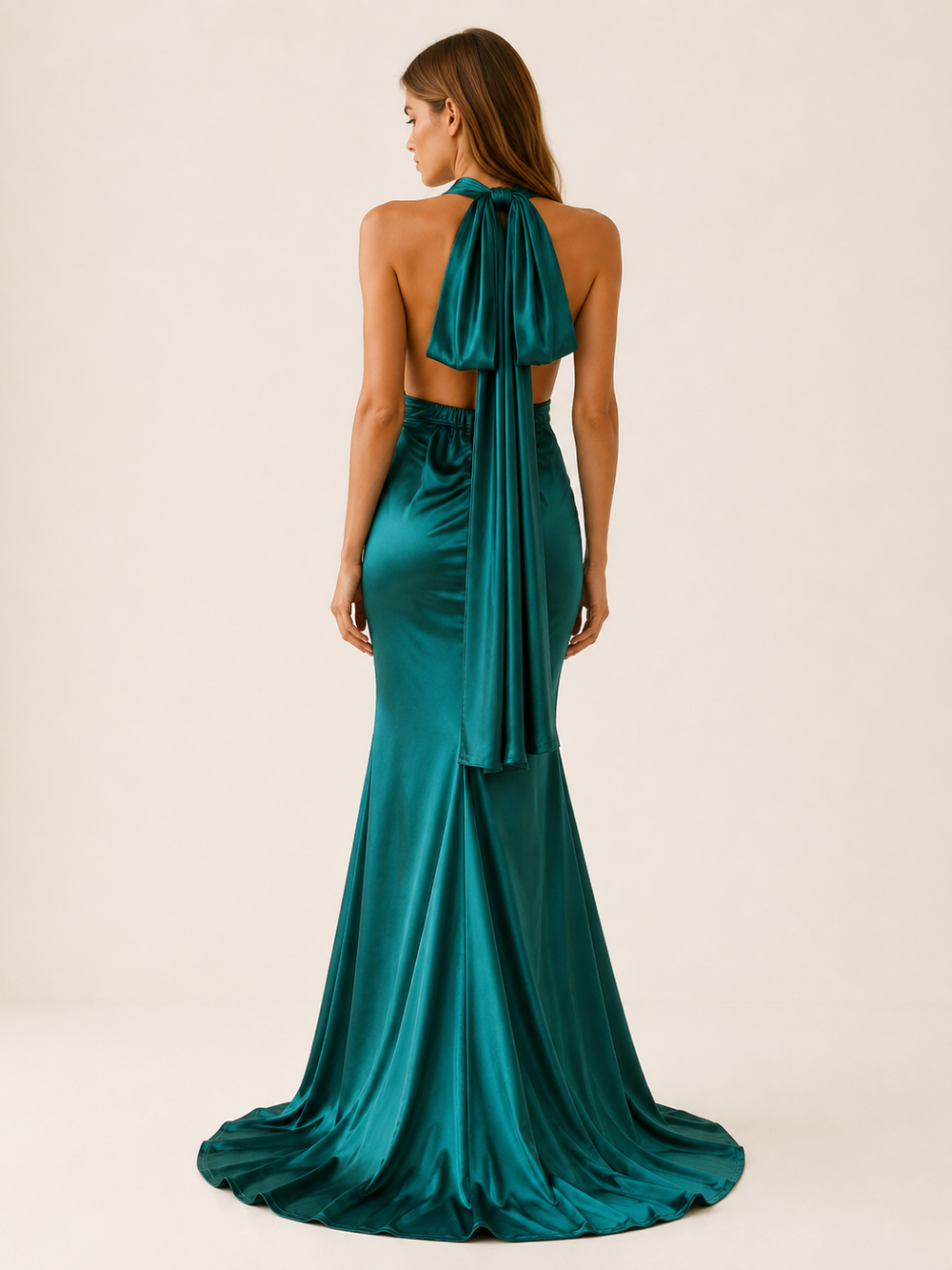 Green Plunge Neck Satin Maxi Dress – side view