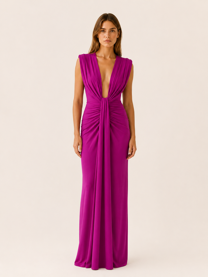 Blue Maxi Dress with Deep V Neck and Draped Front – model view