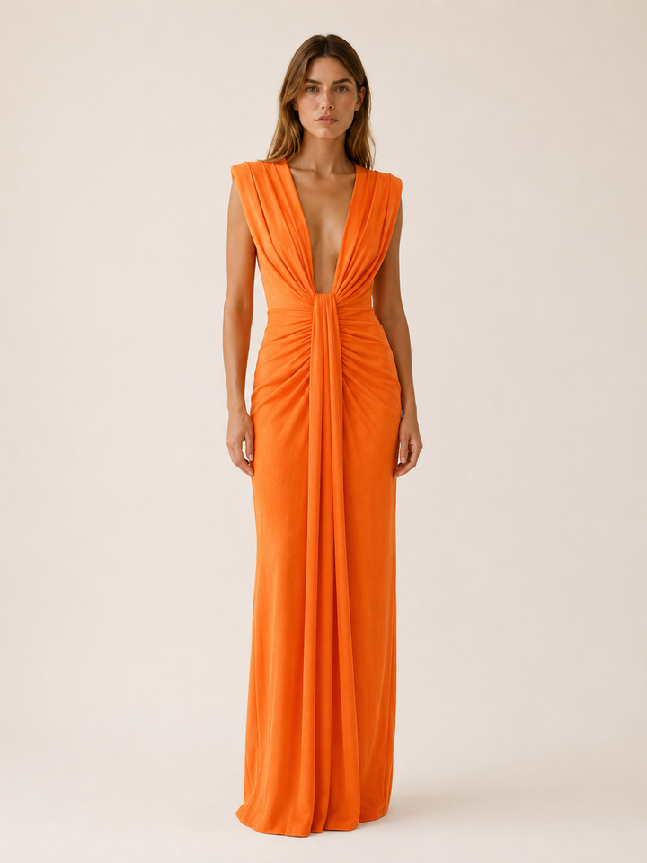 Purple Maxi Dress with Deep V Neck and Draped Front – model view