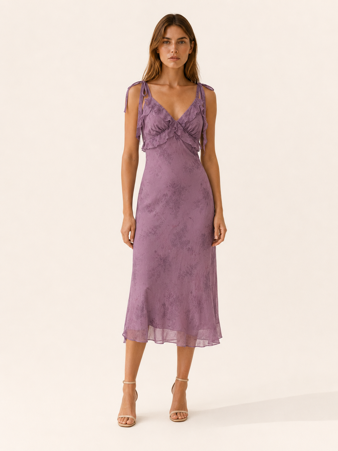Purple Floral Ruffle Midi Dress with Tie Straps – front view