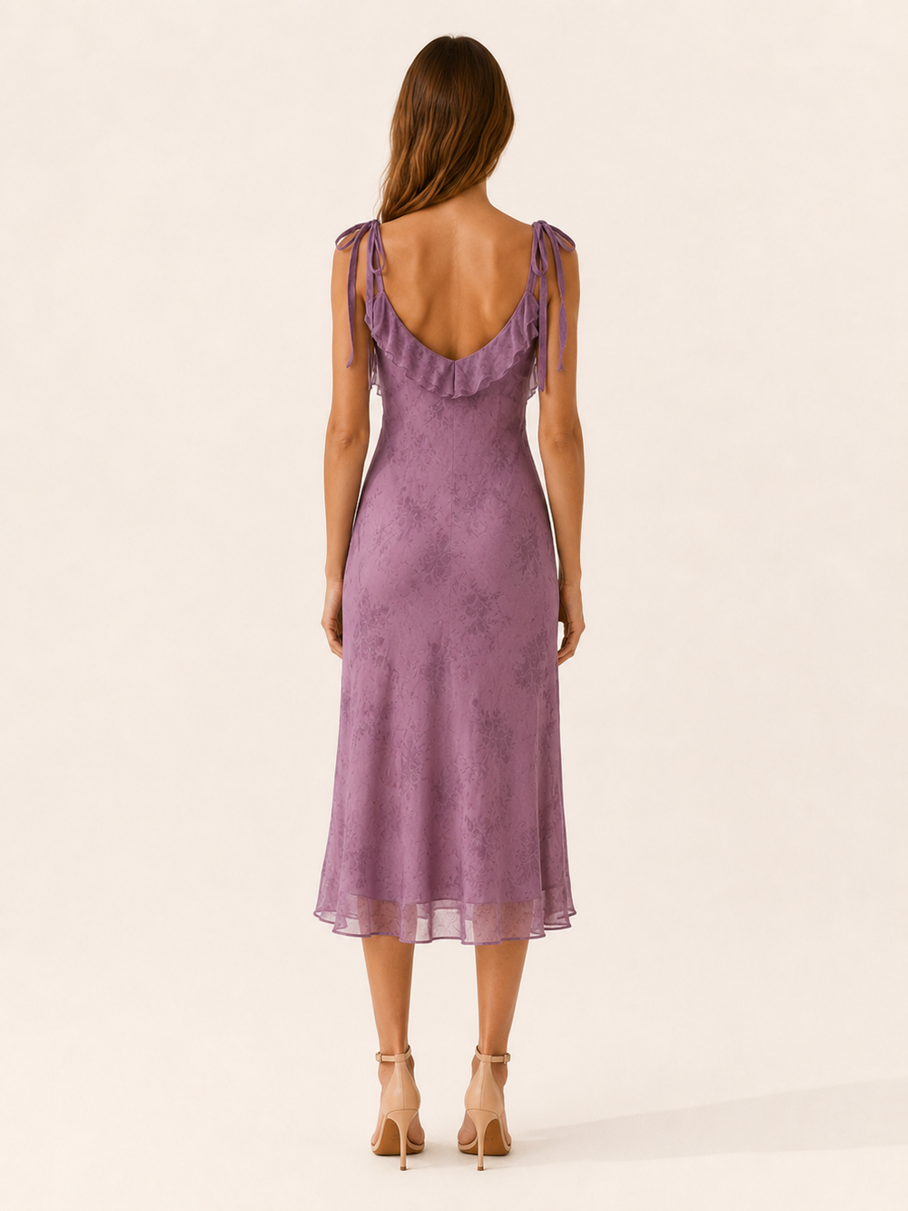 Purple Floral Ruffle Midi Dress with Tie Straps – side view