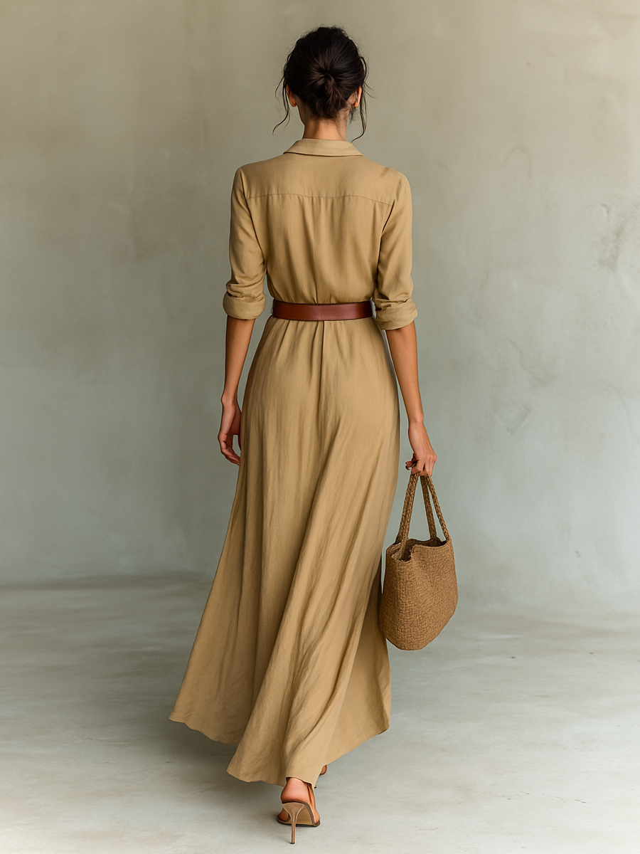 Khaki Notched Collar Maxi Dress — lifestyle shot
