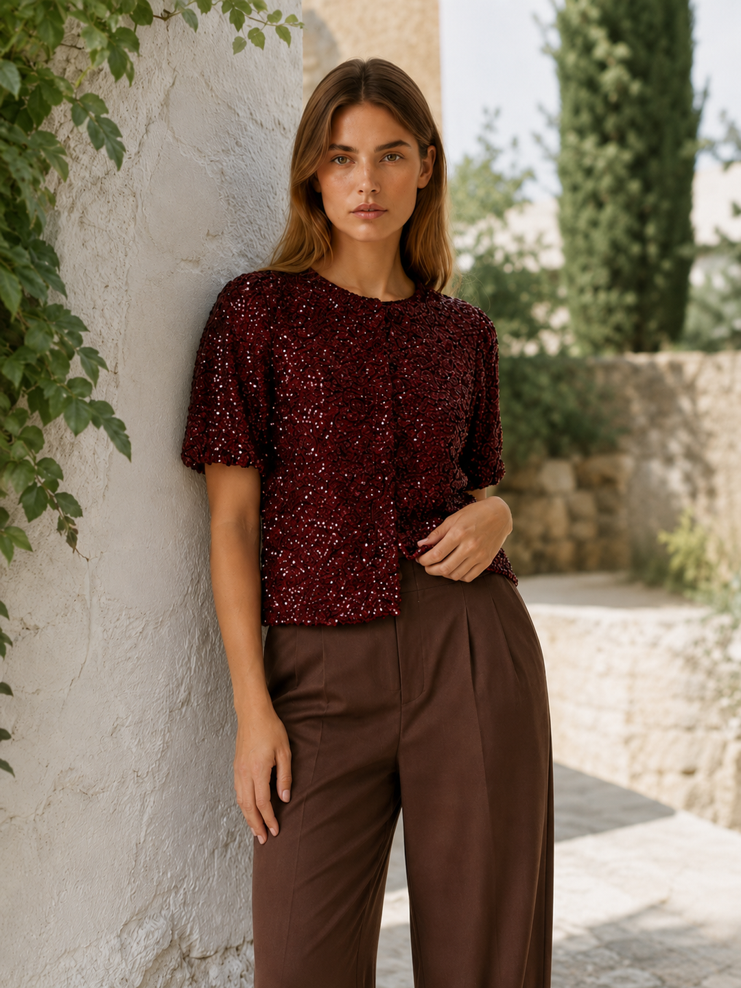 Black Sequin Top with Puff Sleeves – back view