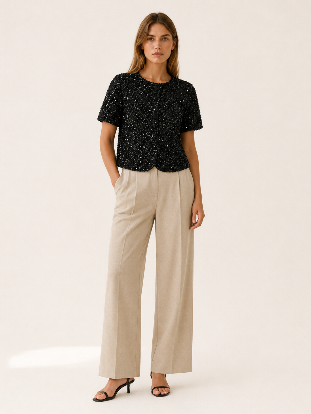 Brown Sequin Top with Puff Sleeves – close-up