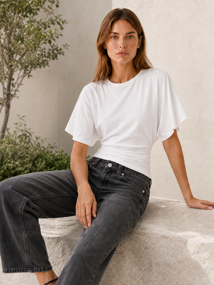 White Fitted Waist Top with Flared Sleeves – back view