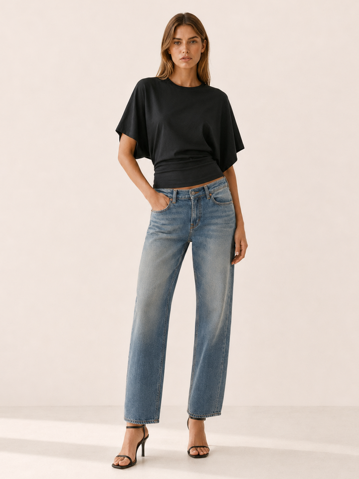 Black Fitted Waist Top with Flared Sleeves – detail view