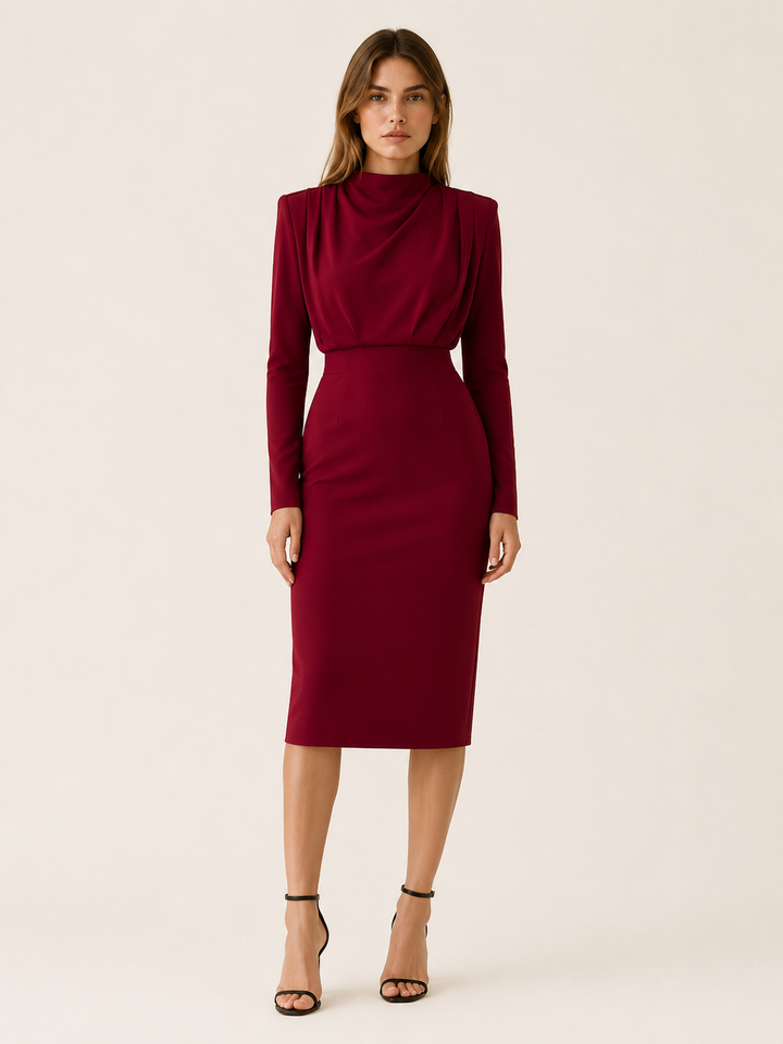 Wine Red High Neck Midi Dress with Long Sleeves – lifestyle