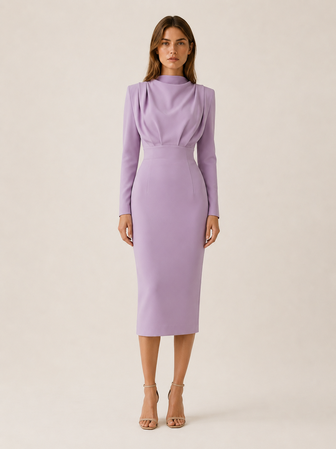 Pink High Neck Midi Dress with Long Sleeves – full length view