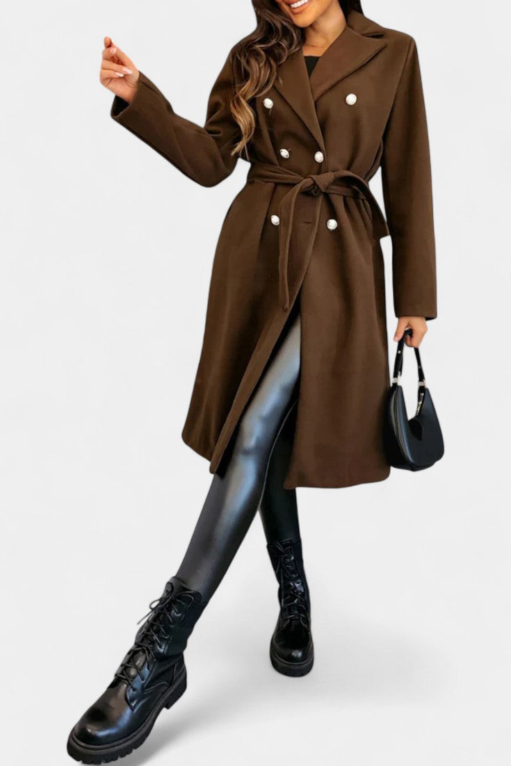 Miguelle belted coat formal styling model pose