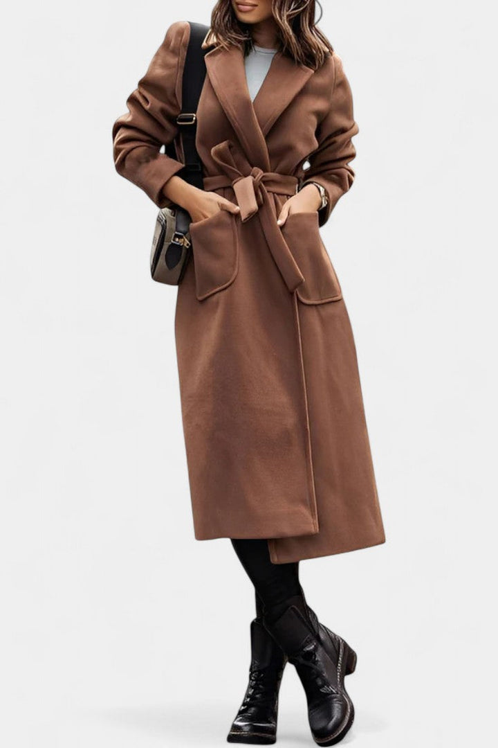 Capucine belted coat notched collar pockets front view
