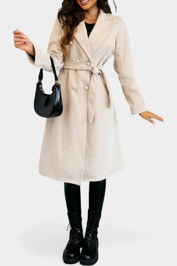 Miguelle double-breasted coat lapel and collar detail