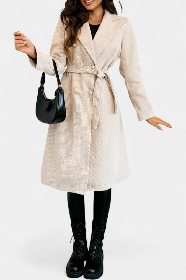 Miguelle double-breasted coat lapel and collar detail