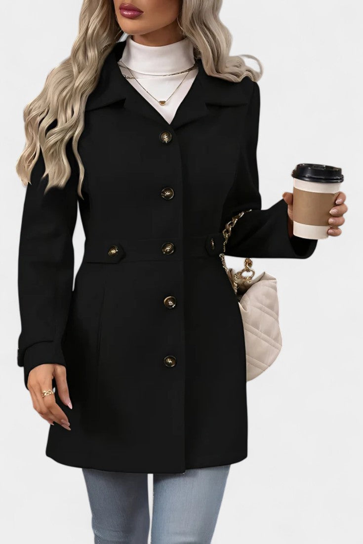Cléophée coat worn belted side slim silhouette view