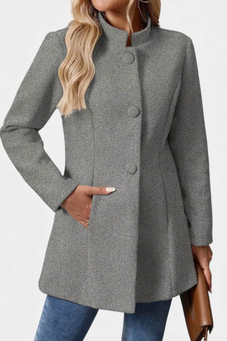 Lyana high collar coat full length walking view