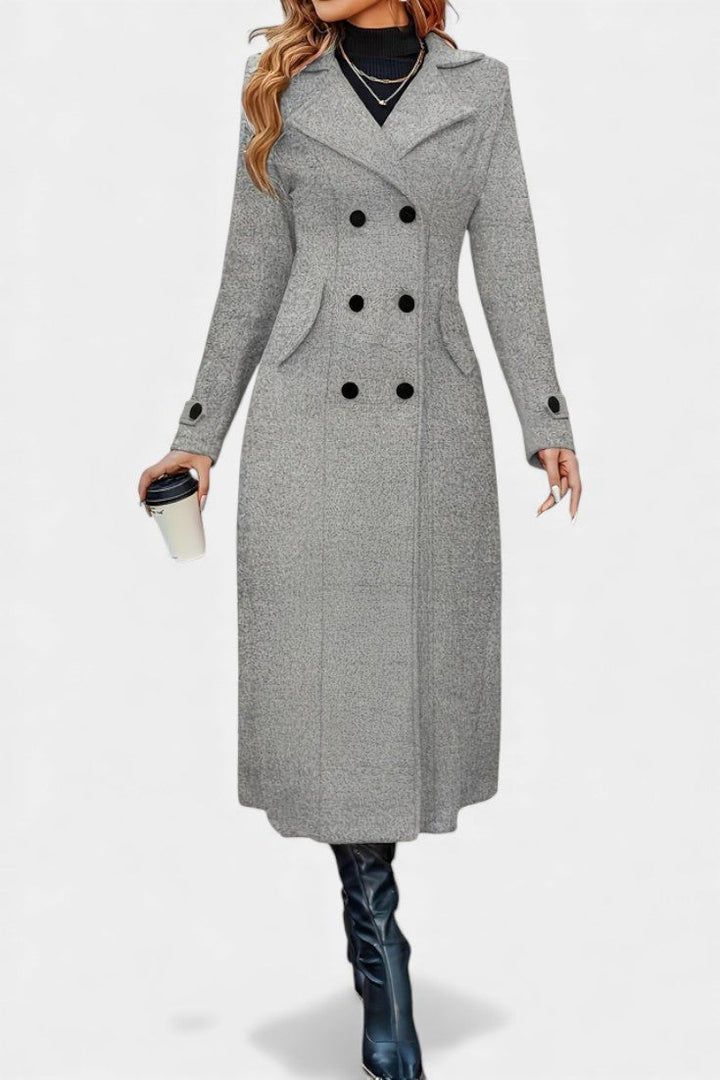 Naissa notched lapel coat button detail close-up