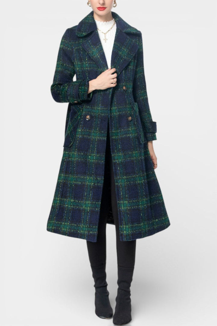Lara long crossed coat blue-green front view model