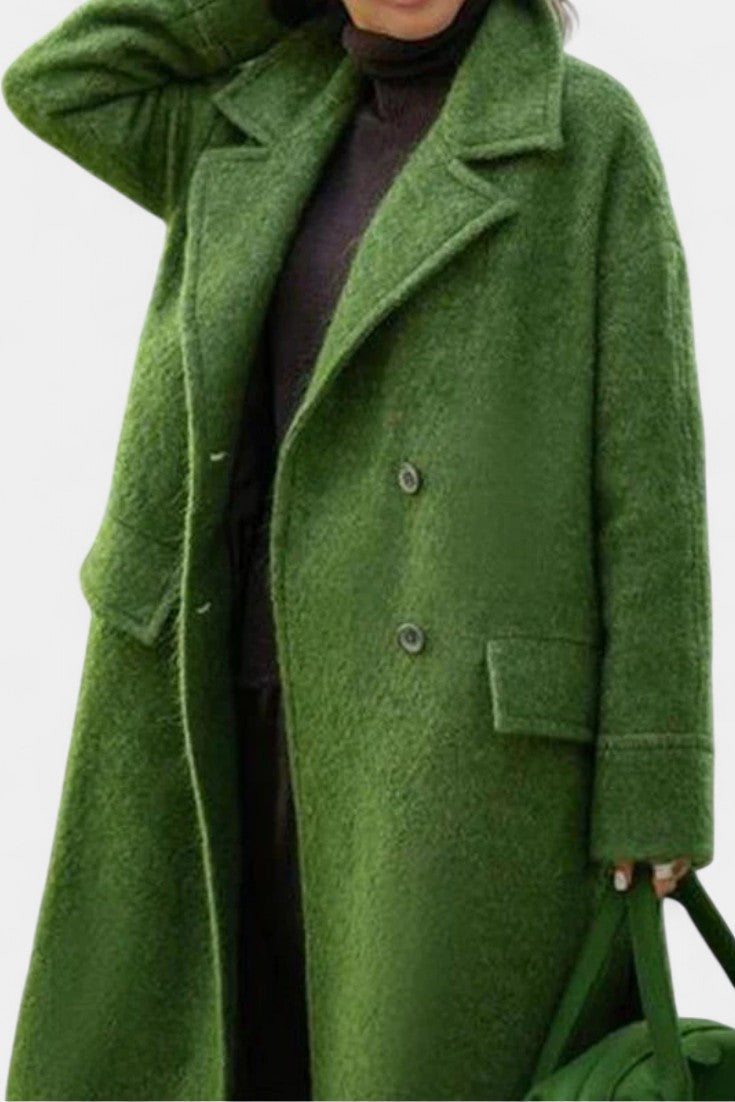 Camile long coat notched collar detail close-up