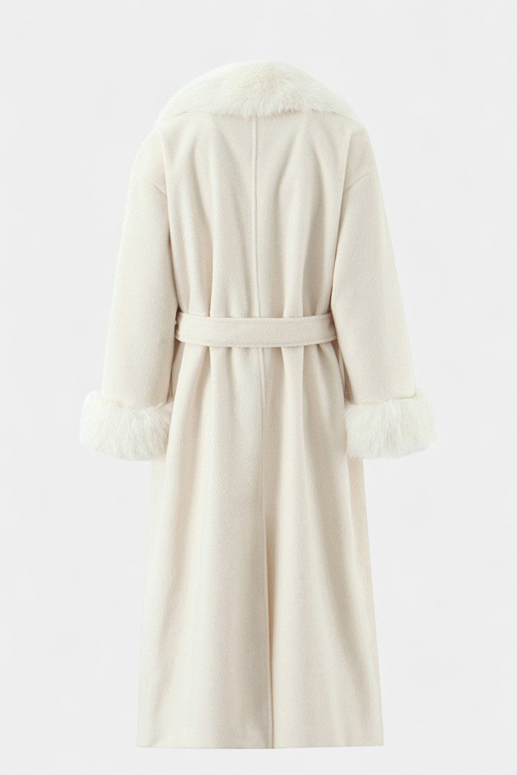 Lalie fur trimmed belted coat side view full length