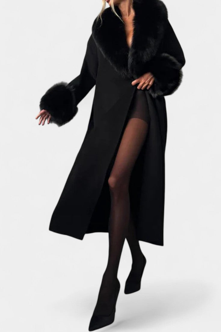 Lalie long coat pocket and hem with fur trim