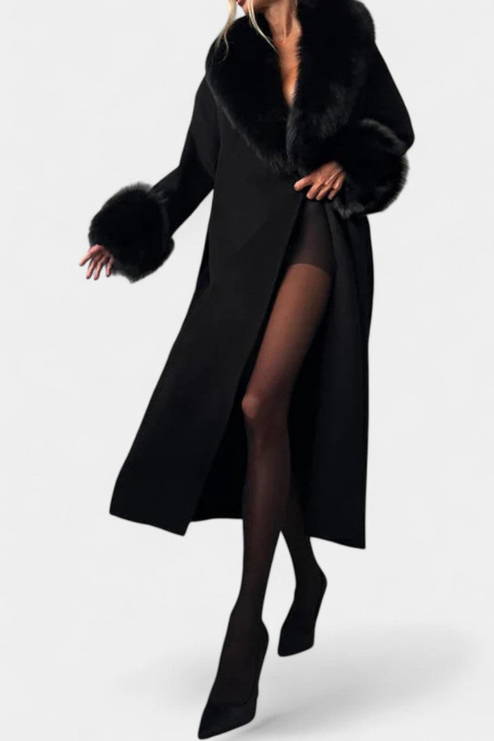 Lalie long coat pocket and hem with fur trim