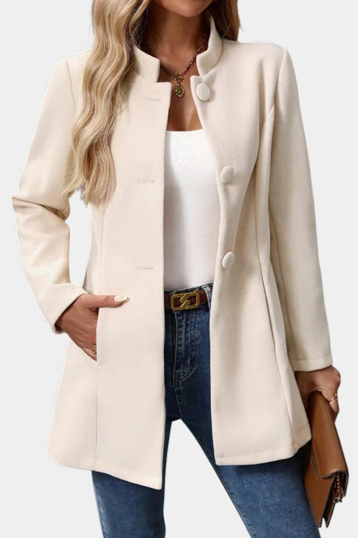 Lyana high collar long sleeve coat front view model