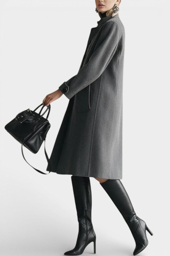 Nicoline suede coat button and collar detail