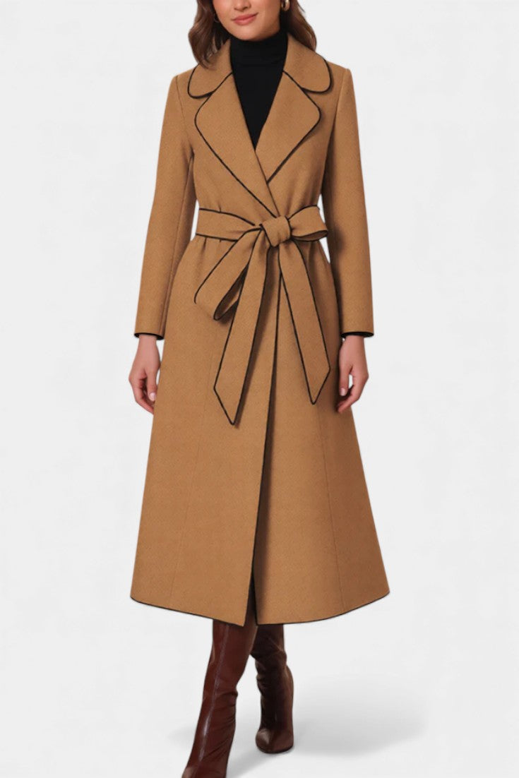 Flora belted long coat side view full length