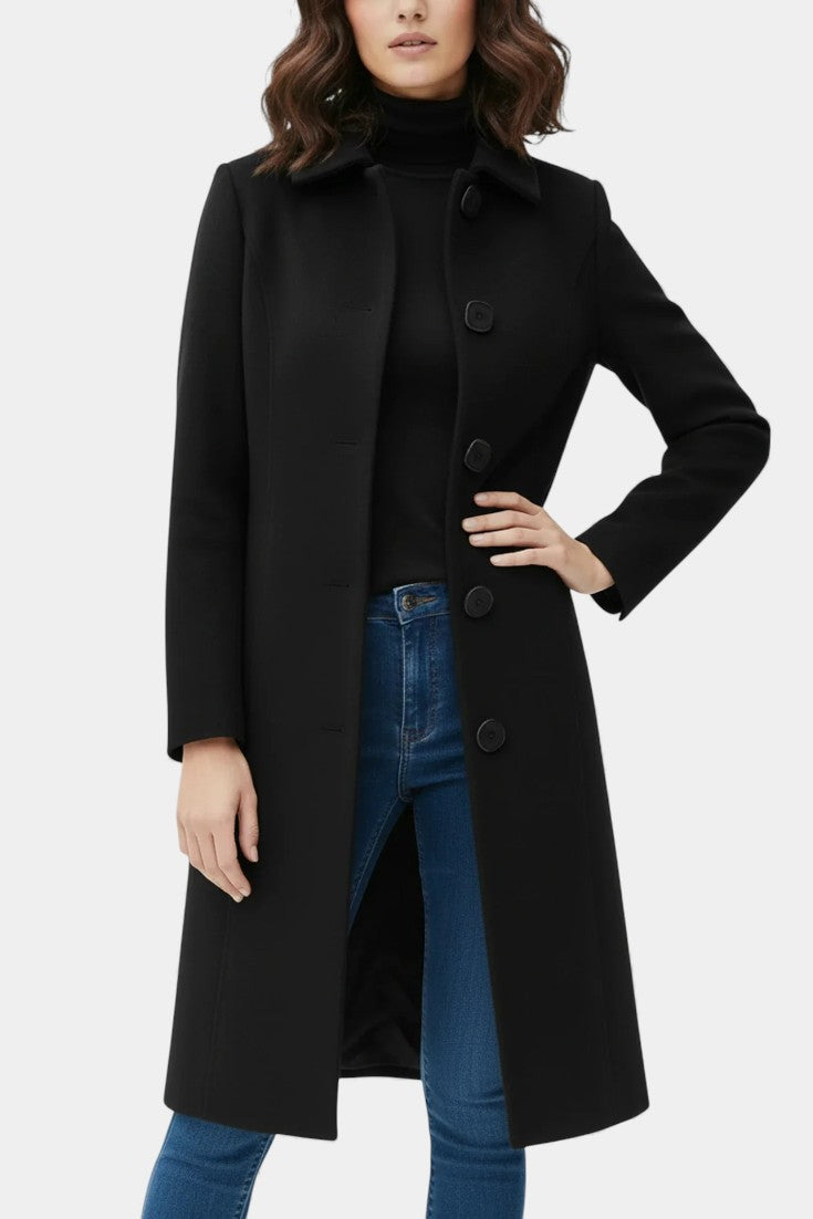 Varvara warm coat walking pose lifestyle shot