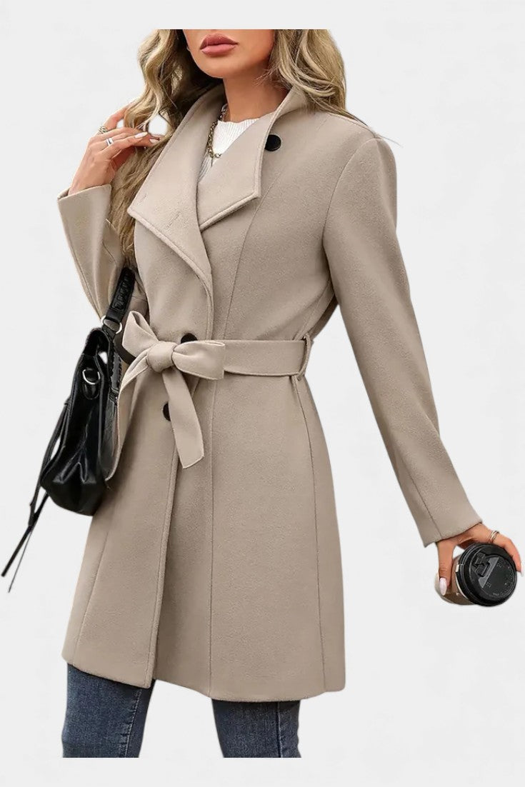 Yuliana belted long coat side profile full length