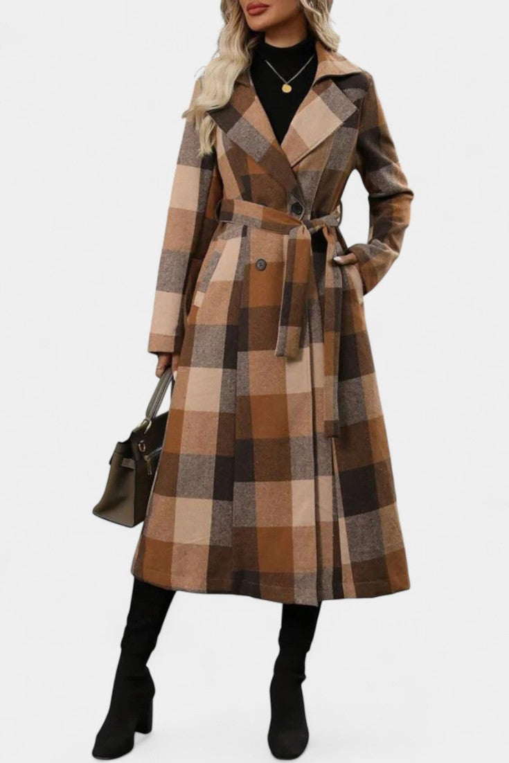 Mélissandre long check coat double-breasted notched collar front