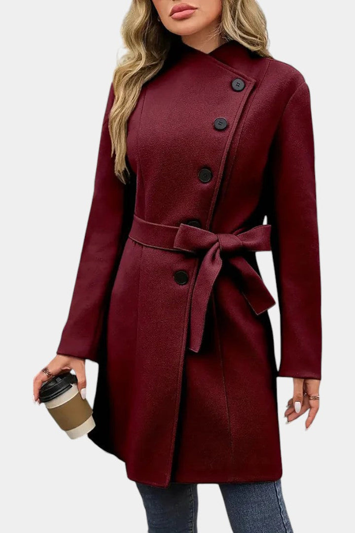 Yuliana belted winter coat waist tie close-up