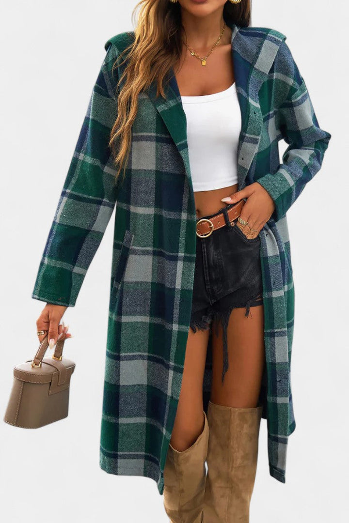 Sandrine brushed check hooded jacket button closure front