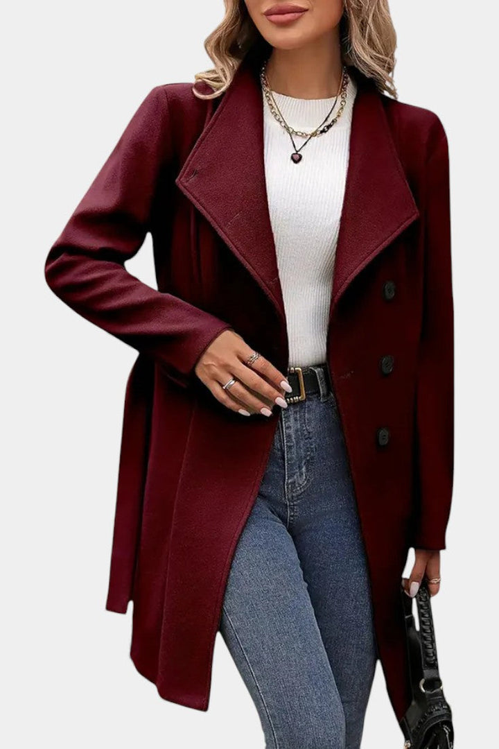 Yuliana warm long coat outdoor fashion shot