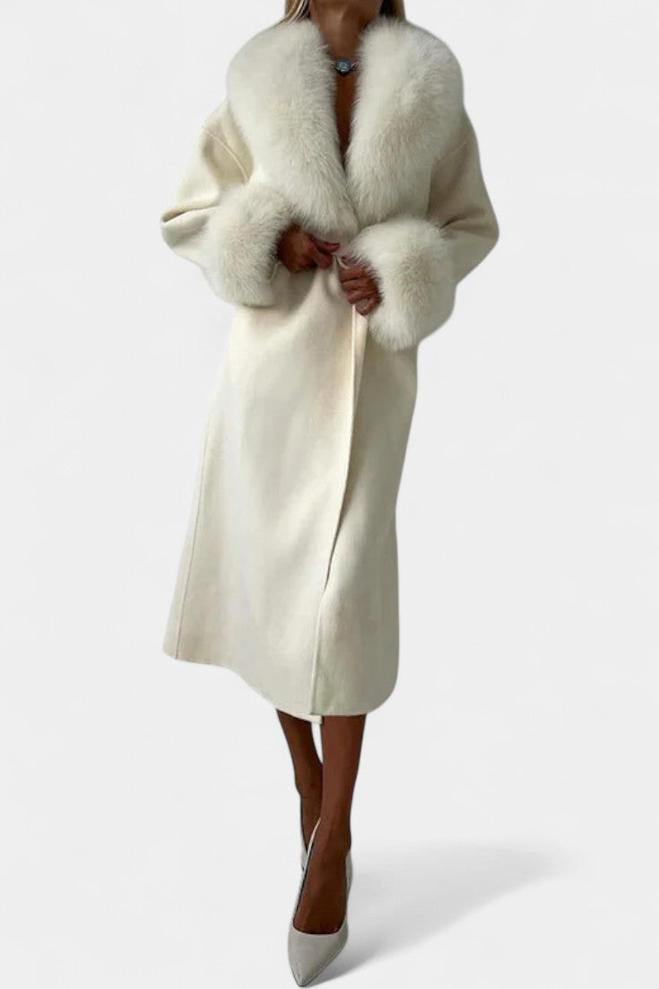Lalie women's fur trim coat walking lifestyle shot