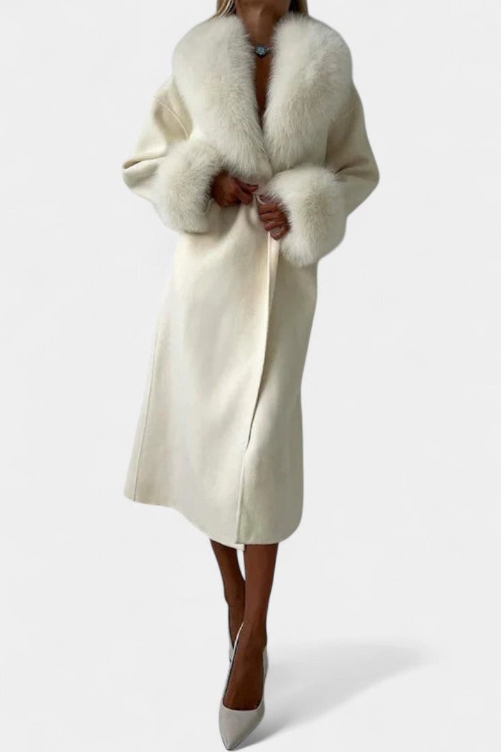 Lalie women's fur trim coat walking lifestyle shot
