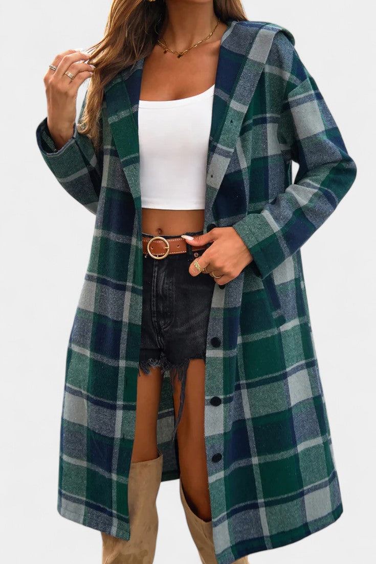 Sandrine check hooded coat side view full length model