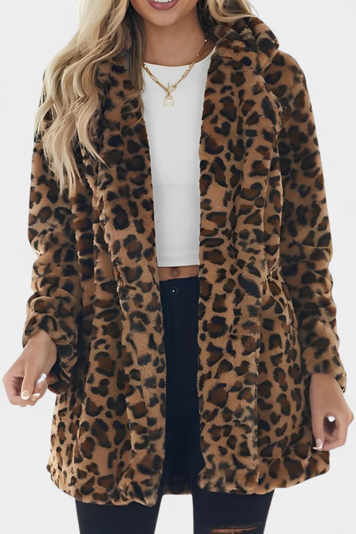 Énola animal print fur coat side view full length model
