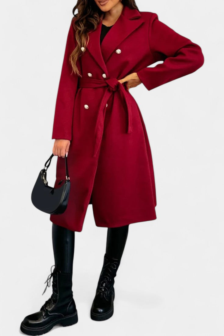 Miguelle belted double-breasted coat side profile model
