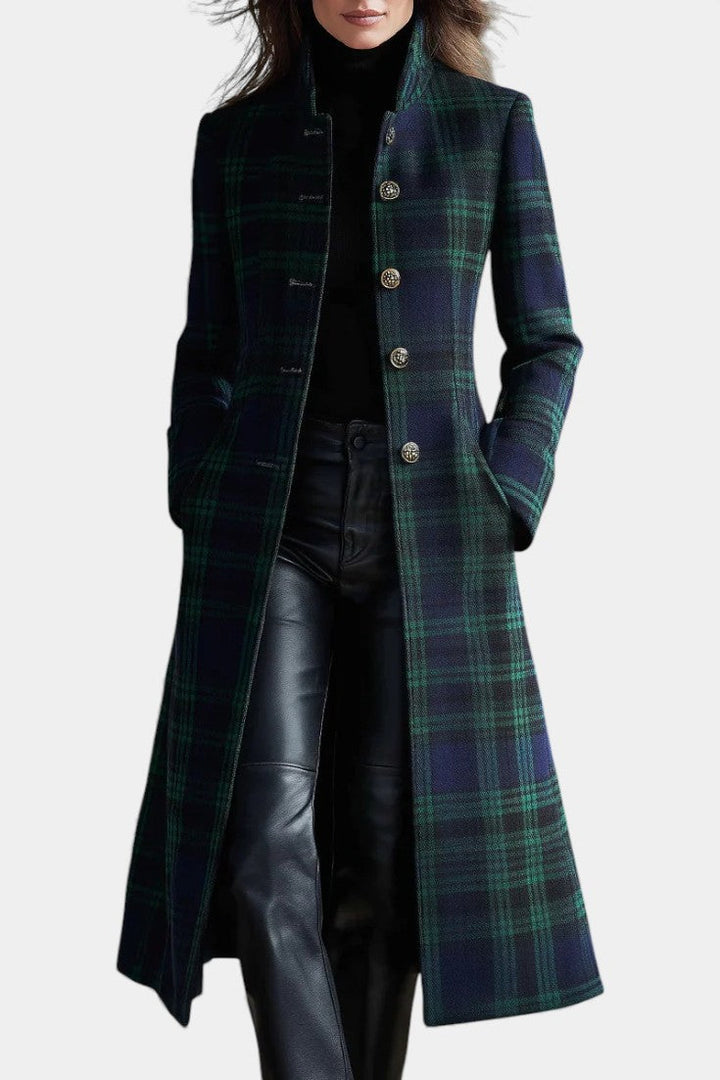 Caterina retro checkered midi coat blue-green front view