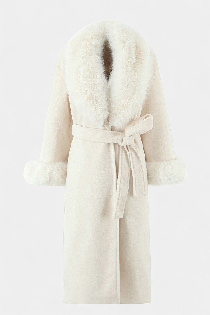 Lalie long belted coat faux fur trim front view model